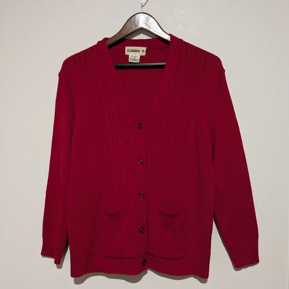 Men's Vintage Red Cardigan Sweater Cable Trim Pockets M